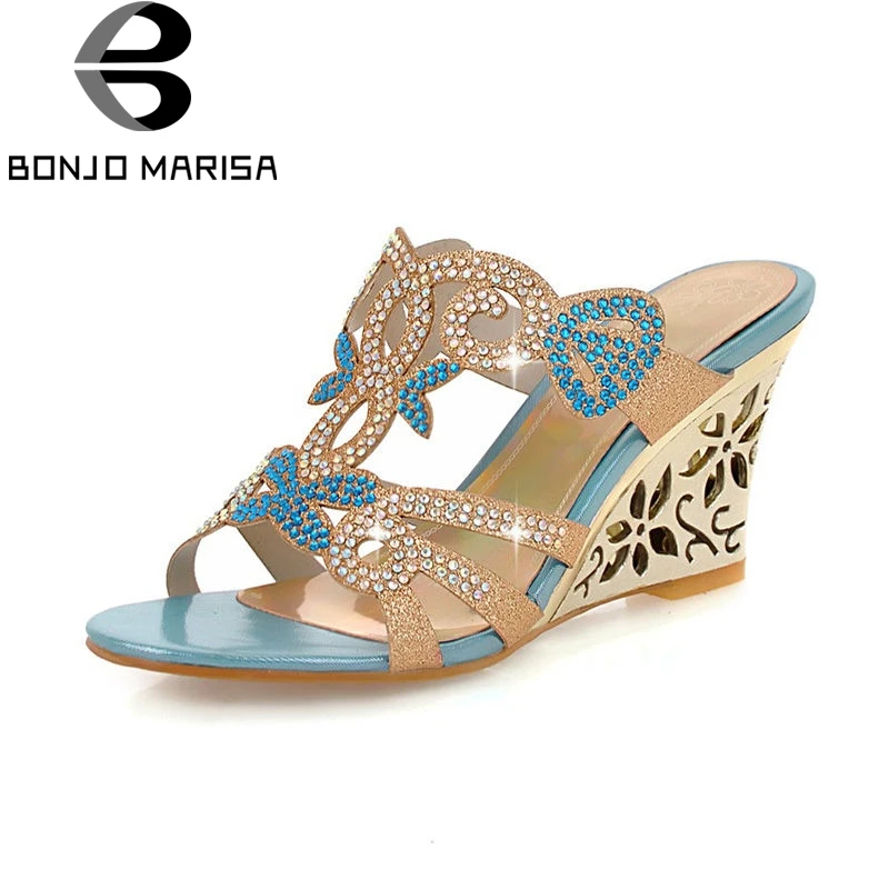 

BONJOMARISA Summer Fashion Hot Sale Women Mules Bling Crystal Pumps Big Size 32-43 Mature High Wedges Heels Shoes Woman