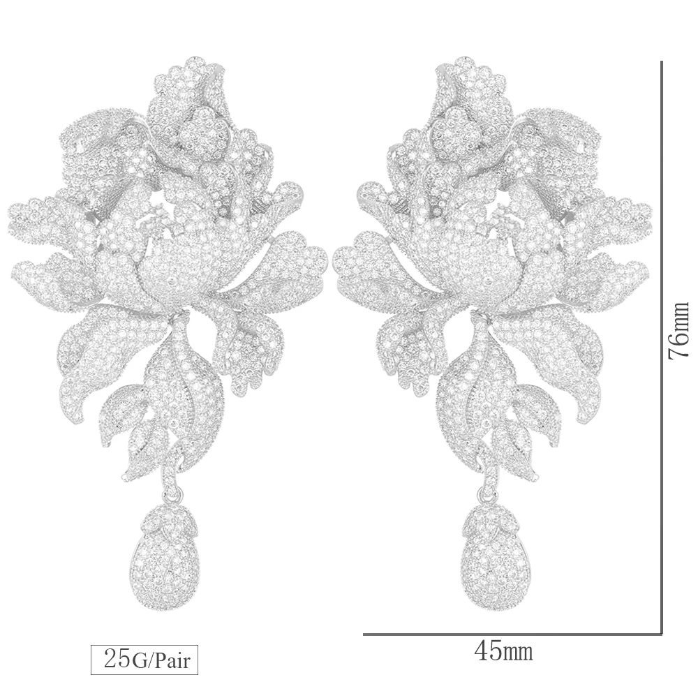 GODK 76 мм Роскошные цветы пиона кубического циркония женские эффектные длинные Подвесные серьги Свадебная вечеринка ювелирные изделия с бахромой подарок