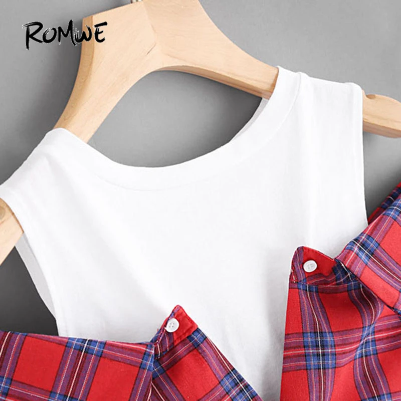  ROMWE Open Shoulder Check 2 In 1 Shirt Tunic Vogue Blouse Women Red Button Plaid Top Fall 2019 Long