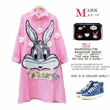 

Women Casual Blouse Shirt Spring Autumn Long Rabbit Sequined Floral Appliques Blusas Feminina Casual Stripped Pink Blouses NS772
