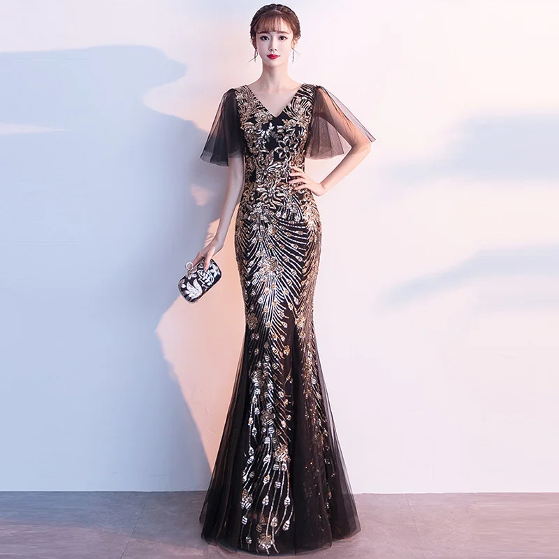 

Luxury Gold Sequined & Black Mesh Short Sleeve V Neck Long Mermaid Women Fashion Elegant Cocktail Party Dress Sexy Club Dresses
