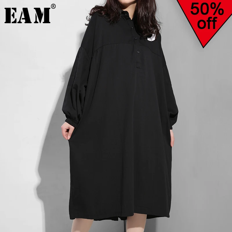 

[EAM] 2019 New Autumn Winter Lapel Long Sleeve Black Back Letter Printed Fold Split Joint Big Size Dress Women Fashion Tide F955
