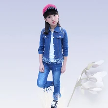 Denim clothing suit kids girls clothes quality baby girl Korean fashion sportswear Denim Solid Color Jacket+Jeans+T-Shirt 4-13 y Denim clothing suit kids girls clothes quality baby girl Korean fashion sportswear Denim Solid Color Jacket+Jeans+T-Shirt 4-13 y