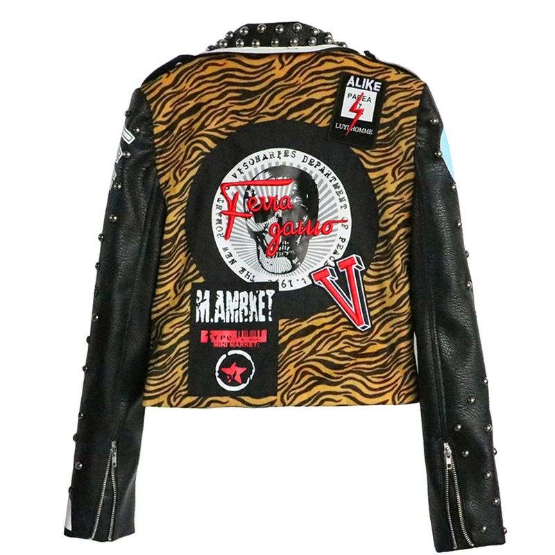 Высокое качество, осенняя леопардовая кожаная куртка для женщин, с шипами, в стиле панк, мотоциклетные пальто, с отложным воротником, короткие укороченные куртки