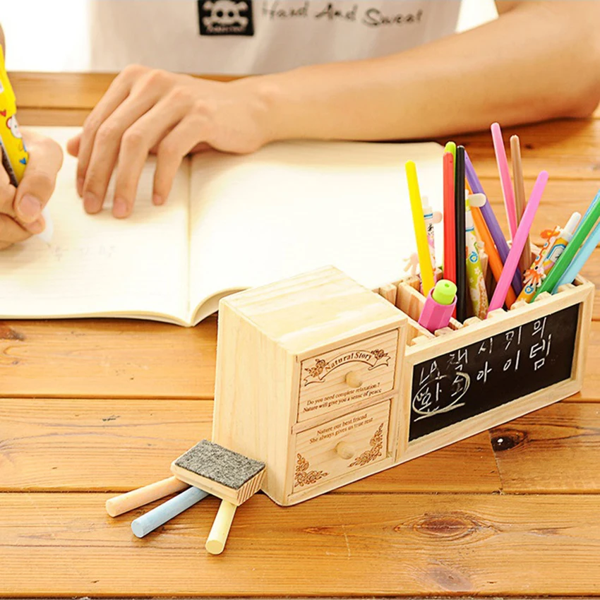 

Large Capacity Wooden Pen Holders with Double Drawers/ Blackboard/ Whiteboard Stationery Storage Box Desktop Organizer Container