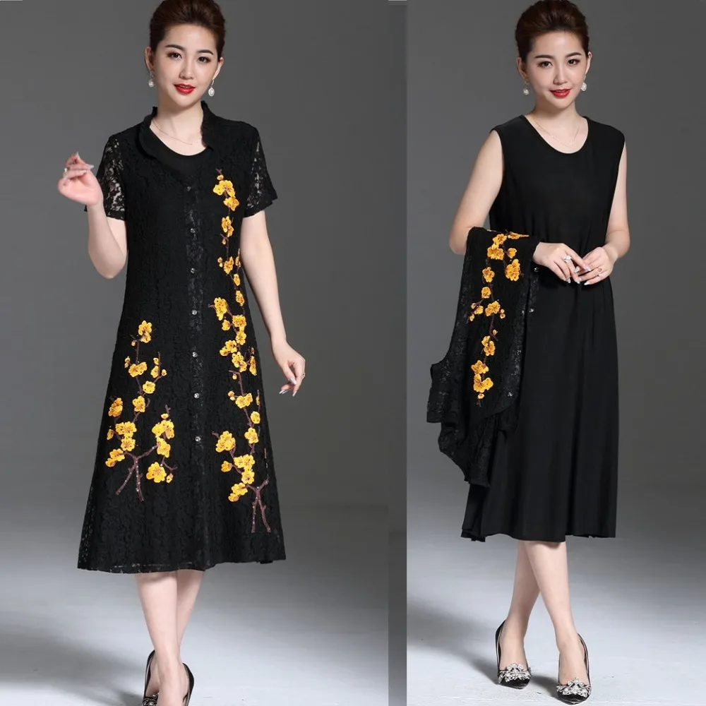 

2018Summer China style middle age women elegant embroidery lace dress set long dress party dress tunic vestido Plus size L-XXXXL