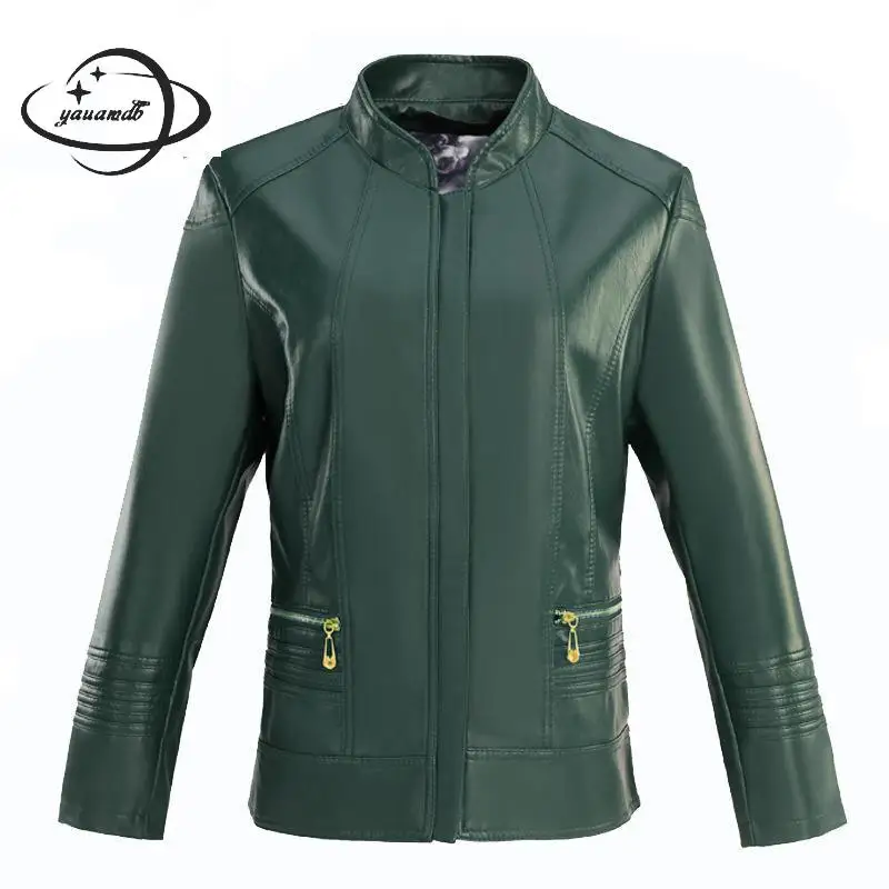 Plus Size L-6xl Women Faux Leather Jacket Spring Autumn Pu Female Coat Clothing Stand Collar Ladies Motorcycle Outerwear Ly50