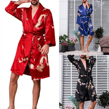 

Men Luxury Chinese Sleep Robes Home Silky Long Bathrobe Brand Faux Silk Long Male Sleep Robe Plus size 5XL Sleepwear