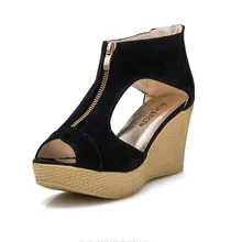 Korean Version Of The 2015 high-heeled Zipper Female Sandals Wedge With loose-bottomed Shoes Thick Bottom Hollow .LD-588