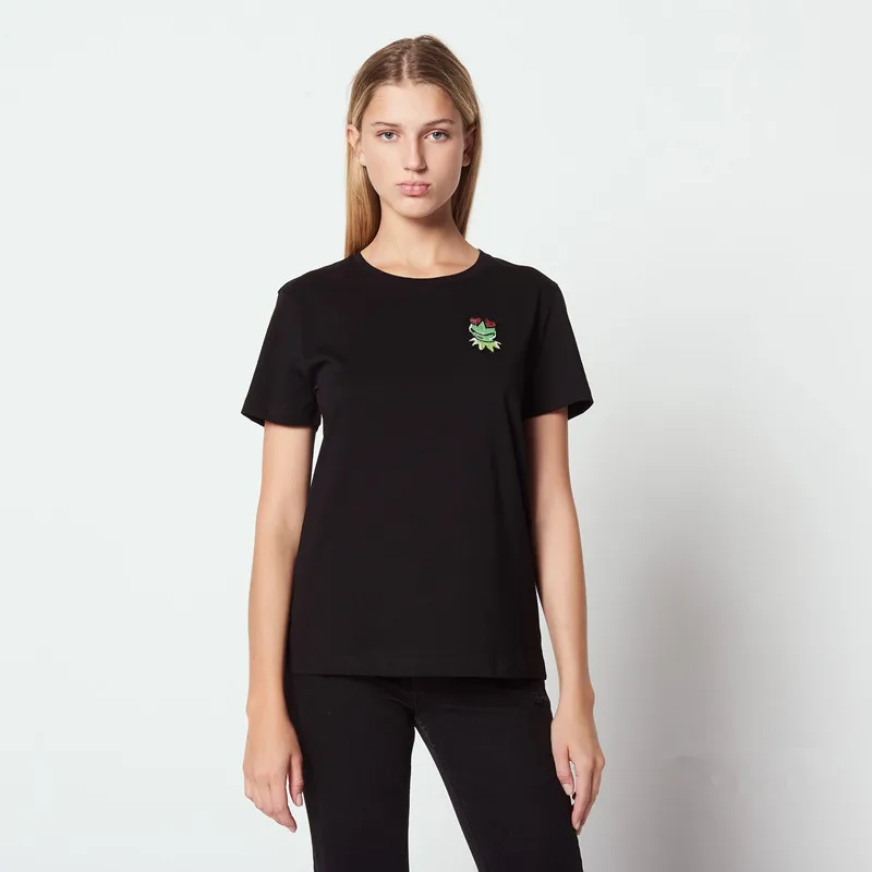 

Women Black Tshirt Frog Beading Cotton Short Sleeve T Shirt