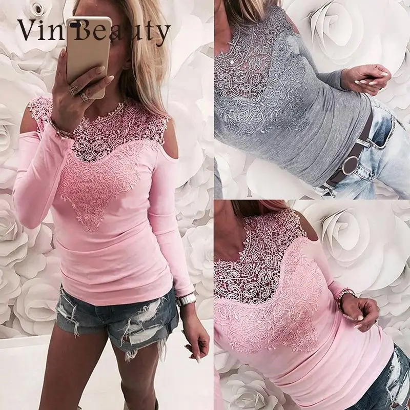 Кружевные топы Для женщин с длинным рукавом Женские Модные дамы Slim Fit без