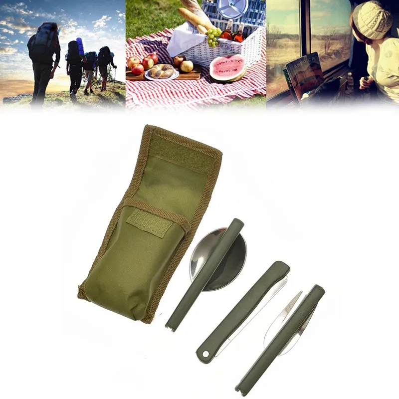 3Pcs/Set Outdoor Camping Cutlery Folding Stainless Steel Fork Spoon Knife Tableware Set