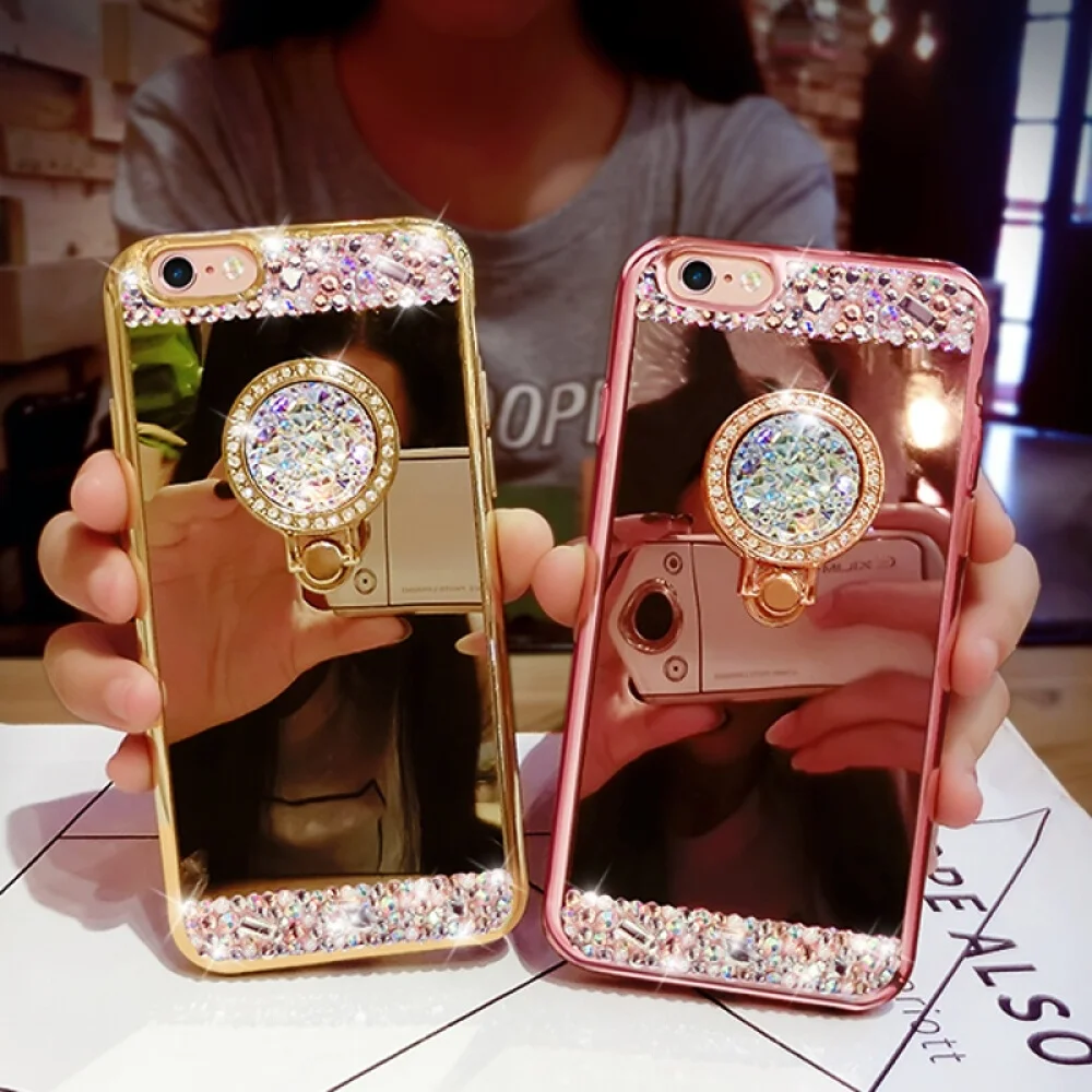 Fashion Diamond Soft TPU Crystal Rhinestone Glitter Mirror Phone Case For Samsung S8 S9 S8 Plus S9 Plus with Ring Holder Stand
