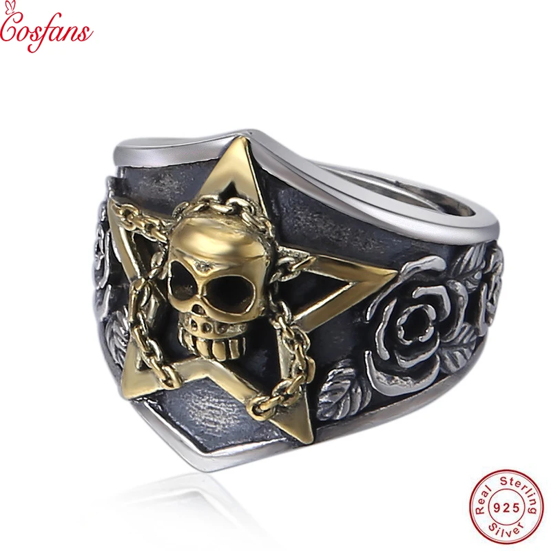 

Real Pure 925 Sterling Silver Viking Ring Skull With Pentagram Gothic Punk Rock Rose Flower Carving Resizable For Men and Women