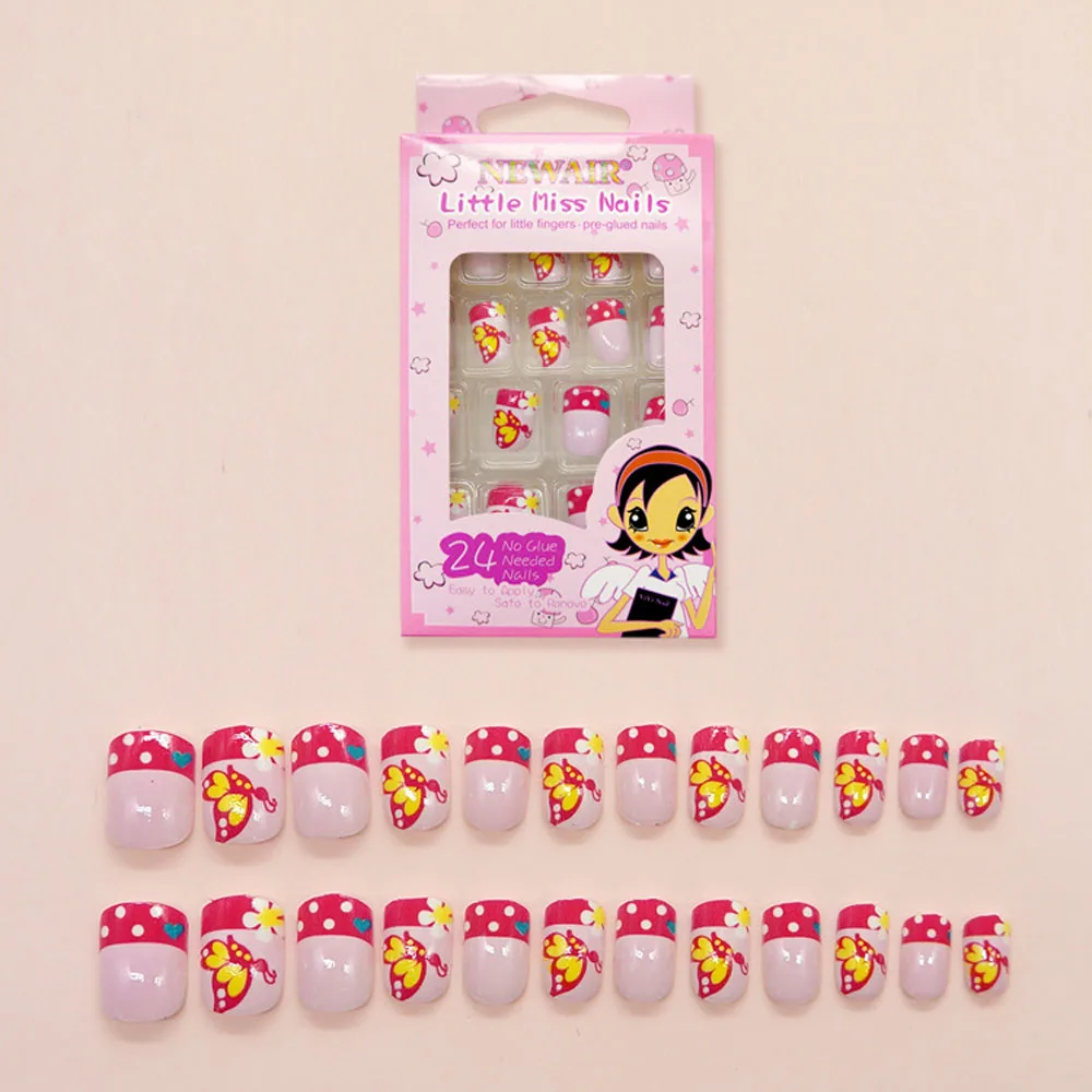 

24 Pcs Of Pink Fake Nails For Children's Nail StickersFull Cover Kids Fake Nails Tips French Nail with Design for Girls