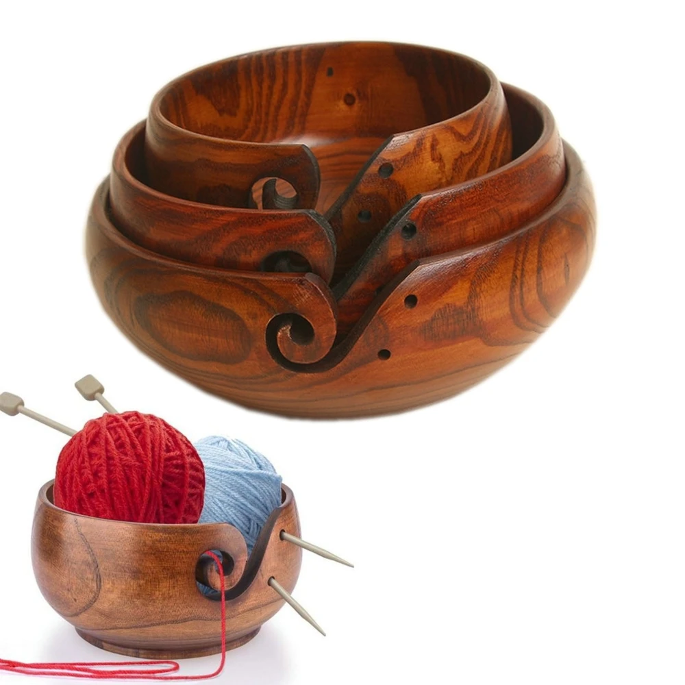 xiajia 3 Sizes Yarn Storage Bowl Wooden Yarn Balls Organizer For