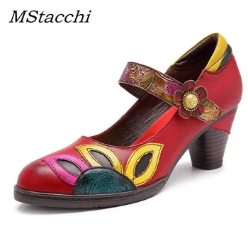 

MStacchi Vintage Printed Pumps Women Shoes Genuine Leather Block Mid Heel Ankle Hook Loop Mary Jane Shoes Woman Retro Heels