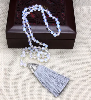 

Long opal Nepal beads mala moon stone praying tassel Handmade knotted necklace
