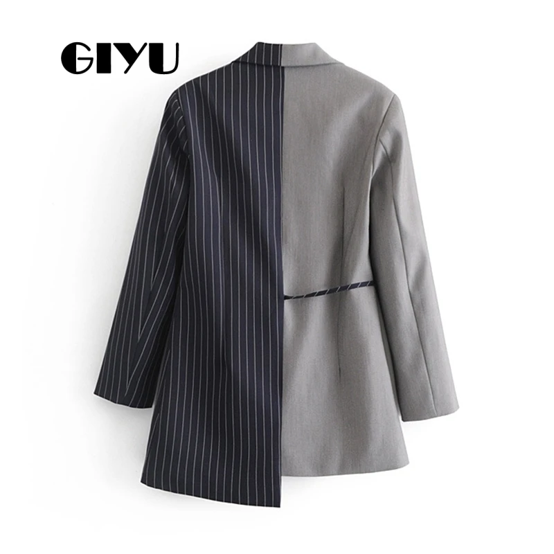 GIYU Autumn Women Patchwork Striped Blazer Long Sleeve Jackets Pockets Irregular Office Lady Casual Tie-up Bow camiseta mujer