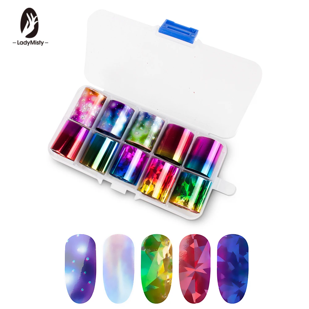 Ladymisty, 1 коробка, Голографическая фольга для ногтей, красивая фольга для обертывания ногтей, набор разноцветных наклеек для ногтей, набор, 2,5*100 см