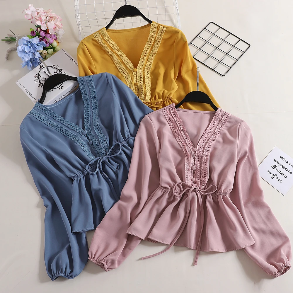 

Women V-neck Lantern Sleeve Bandage Lace Up Bow Shirts Vintage Short Elastic Slim High Waist Chiffon Pullover Button Blouse Tops