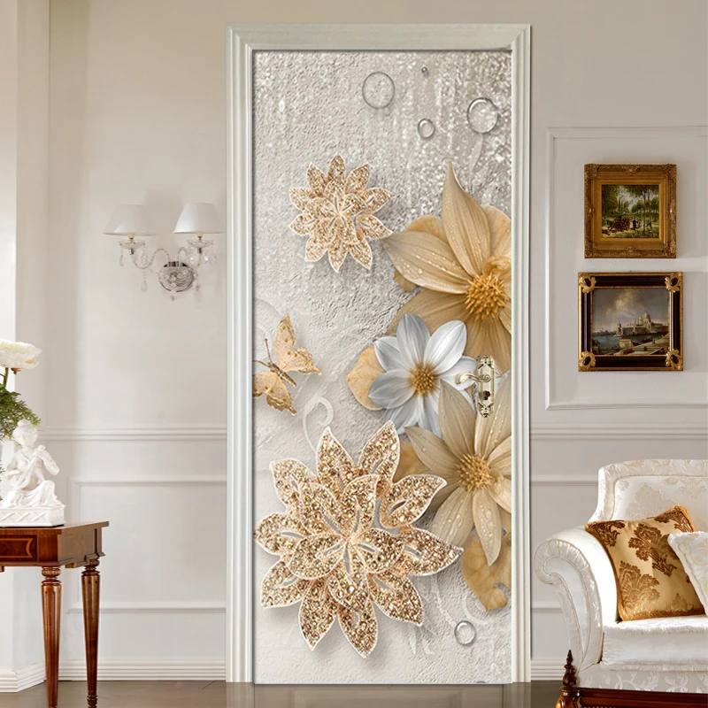 3D Роскошные золотые украшения цветы Бабочка гостиная 3D двери наклейки настенная живопись обои ПВХ водонепроницаемые дверные наклейки