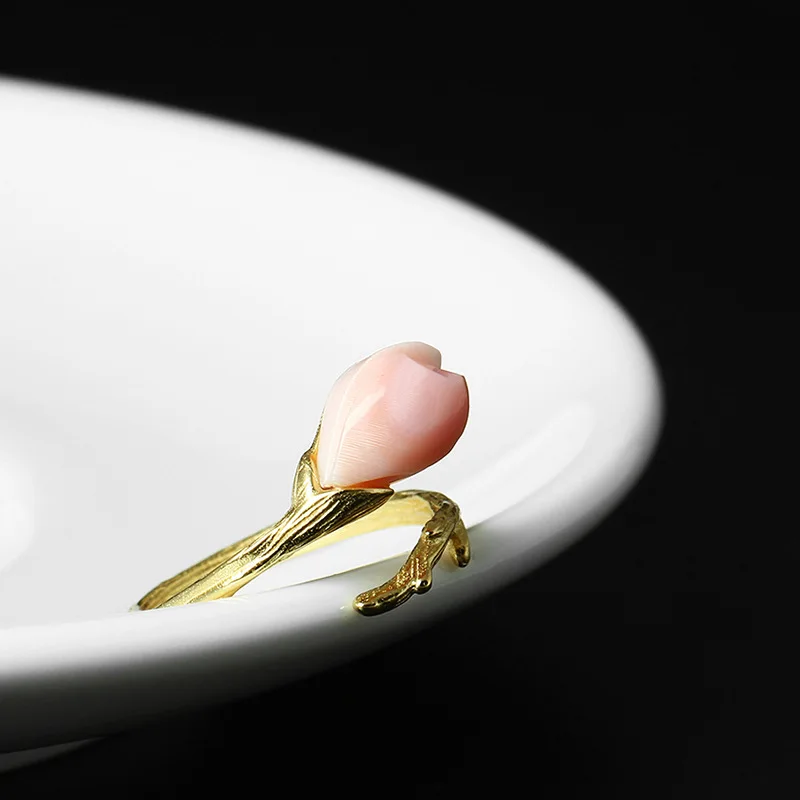 

Bilincolor Gold Color Pink Shell Flower Silver 925 Open Korean Kawii Ring for Women