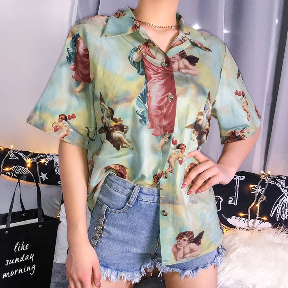 Vintage Angel Print Shirt Summer Aesthetic Cardigan Casual Turn-down Collar Short Sleeve Women Tops Fashion Woman Blouses 2019