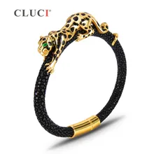CLUCI 925 пробы Серебряный Леопардовый браслет с магнитной пряжкой необыкновенный подарок на день отца золотой цвет натуральная кожа для мужчин