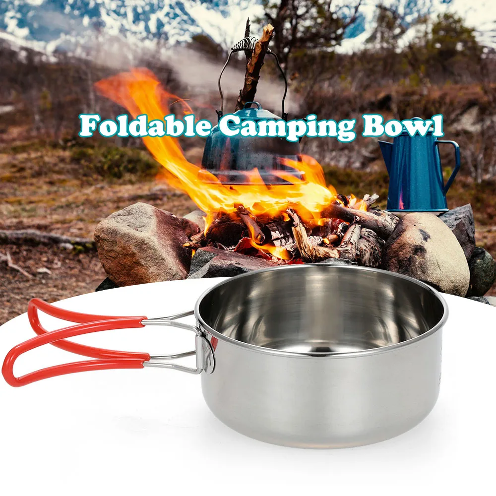 Senderismo acampar al aire libre utensilios de cocina al aire libre vajilla de acero inoxidable plegable mango comida cena Bowl Pot sartenes vajilla viajes