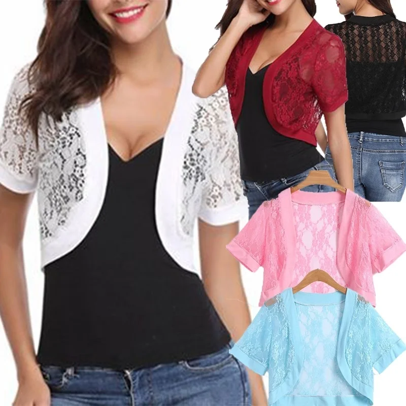 

Fashion Lace Short Sleeve Cardigan Women Short Shawl All Match Thin Summer cardigans womens tops plus size 4xl