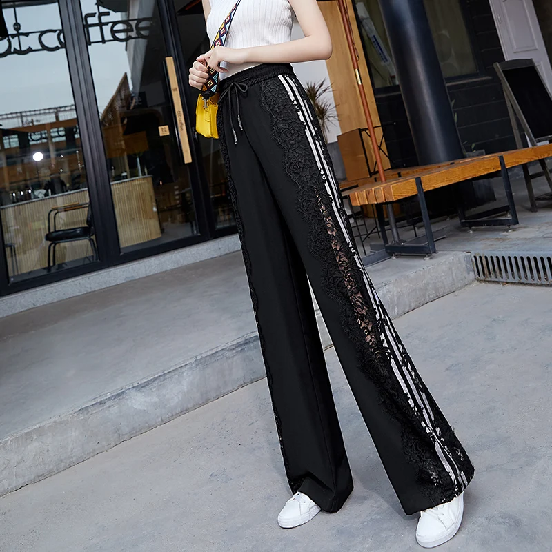 

Women Summer Palazzo Pants Black Red High Waist Lace Wide Leg Pants Woman Full Length Streetwear Plus Size Joggers Sweatpants