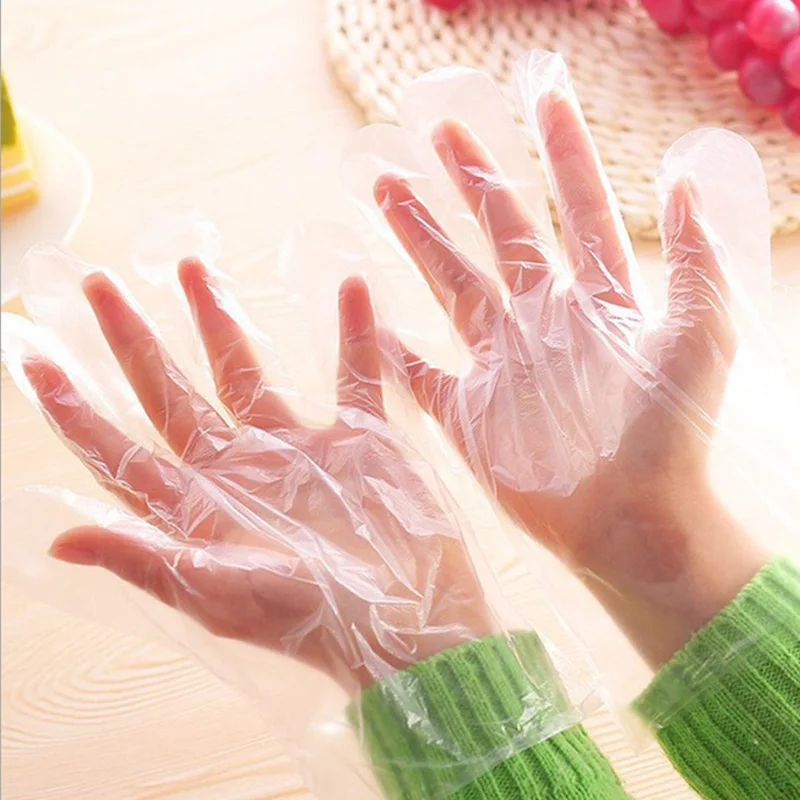 100pcs Plastic Disposable One-off Gloves Restaurant BBQ Transparent Eco-friendly PE Hygiene For Kitchen Accessories | Дом и сад