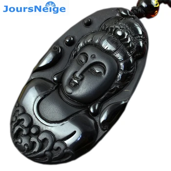 

JoursNeige Natural Scrub Black Obsidian Stone GuanYin Pendants Necklace Lucky for Women Men Beads Chain Fashion Jewelry