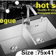 Квартира 304 нержавеющая сталь кухня ручная раковина двойной паз высокого качества сделать блюда Горячая 750x410 мм