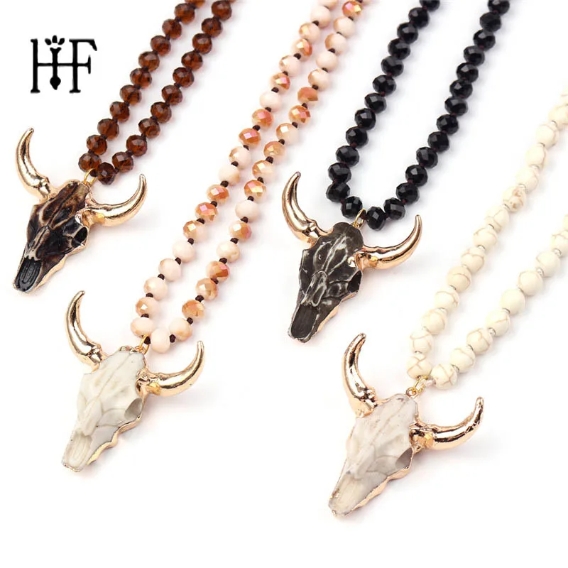 

2019 Fashion Long Necklaces Bull Head Charm Pendant Manual Necklace Crystal Bead Men Necklace Gothic Bijoux Cow Necklace