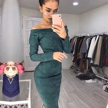 Faux Suede Long Sleeve off shoulder Women mid-calf Dress 2019 Spring Winter Dress Female Bodycon new year party Dresses female