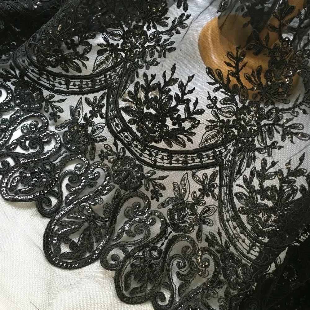 

embroidered tulle mesh corded lace material for dress making 2 yards New arrival elegant black evening dress sequins lace fabric
