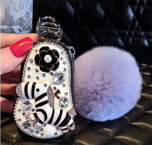 balck purple ball Милый мультфильм Diamond Зебра кожа автомобилей Key Case чехол Для женщин ключница держатели автомобильный брелок кристалл молния ключ чехол - Название цвета: balck purple ball