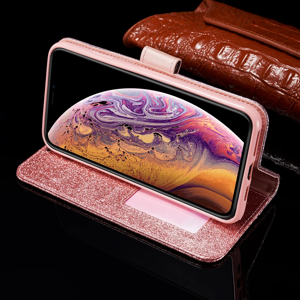 Блестящий кожаный чехол со стразами для iPhone 6 6S 7 8 Plus X XR XS Max флип телефона 11 Pro SE 2020