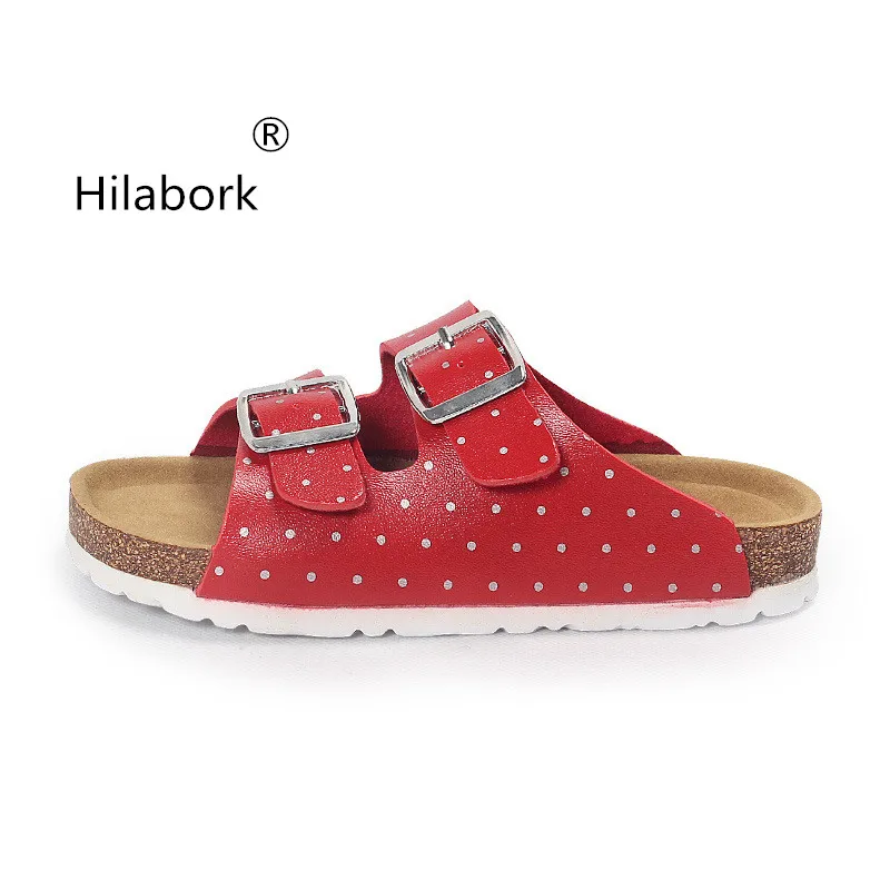 

Hilabork 2018 summer new children's sandals wave dot one word sandals and slippers double buckle size daughter pink sandals