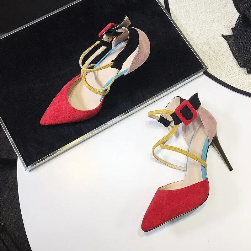 

2018 New Arrival Glitter Pointed Toe Stiletto Pumps For Women's Ankle Wrap High Heels Women Gladiator Sandals Shoes W