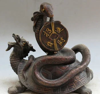 

song voge gem S1734 8" Chinese Bronze Great Beast Wealth XuanWu Dragon tortoise Turtle Snake Statue