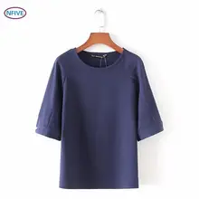 NFIVE бренд женщина чистый темно-синий футболки новая весна жемчужная кнопка тонкая рубашка все-матч плечо рукав Повседневная тонкая футболка