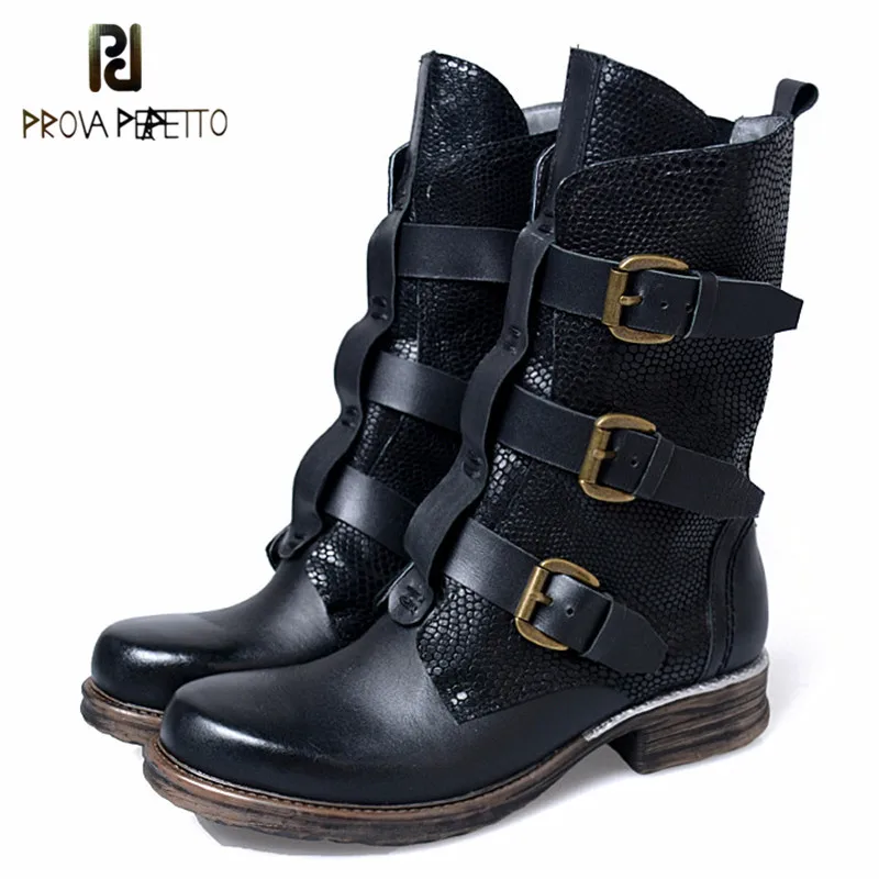 

Prova Perfetto 2018 Winter New Arrival Genuine Leather Woman Short Boots Thick Bottom High Heel Mixed Colors Martin Boots