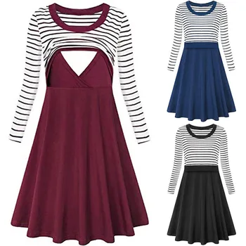 

Maternity Breastfeeding Dresses Women's Stripe Long Sleeve Flare Nursing Dress Robe Grossesse Premama Clothes For Pregnant Women