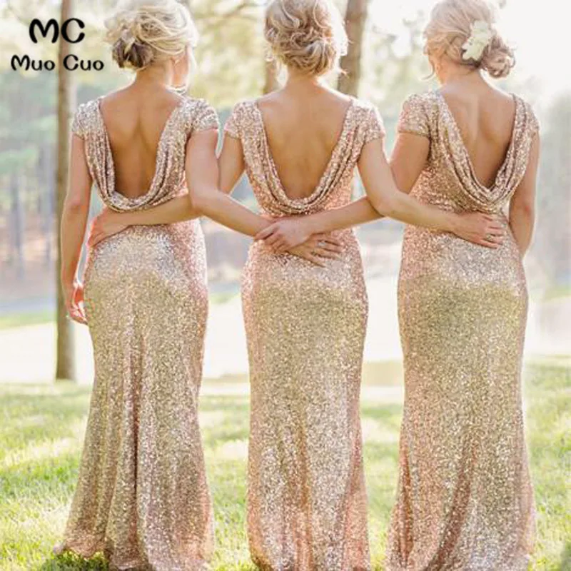 Mermaid Gold Lace Bridesmaid Dresses Short Sleeves Long Sparkly Formal Dress3