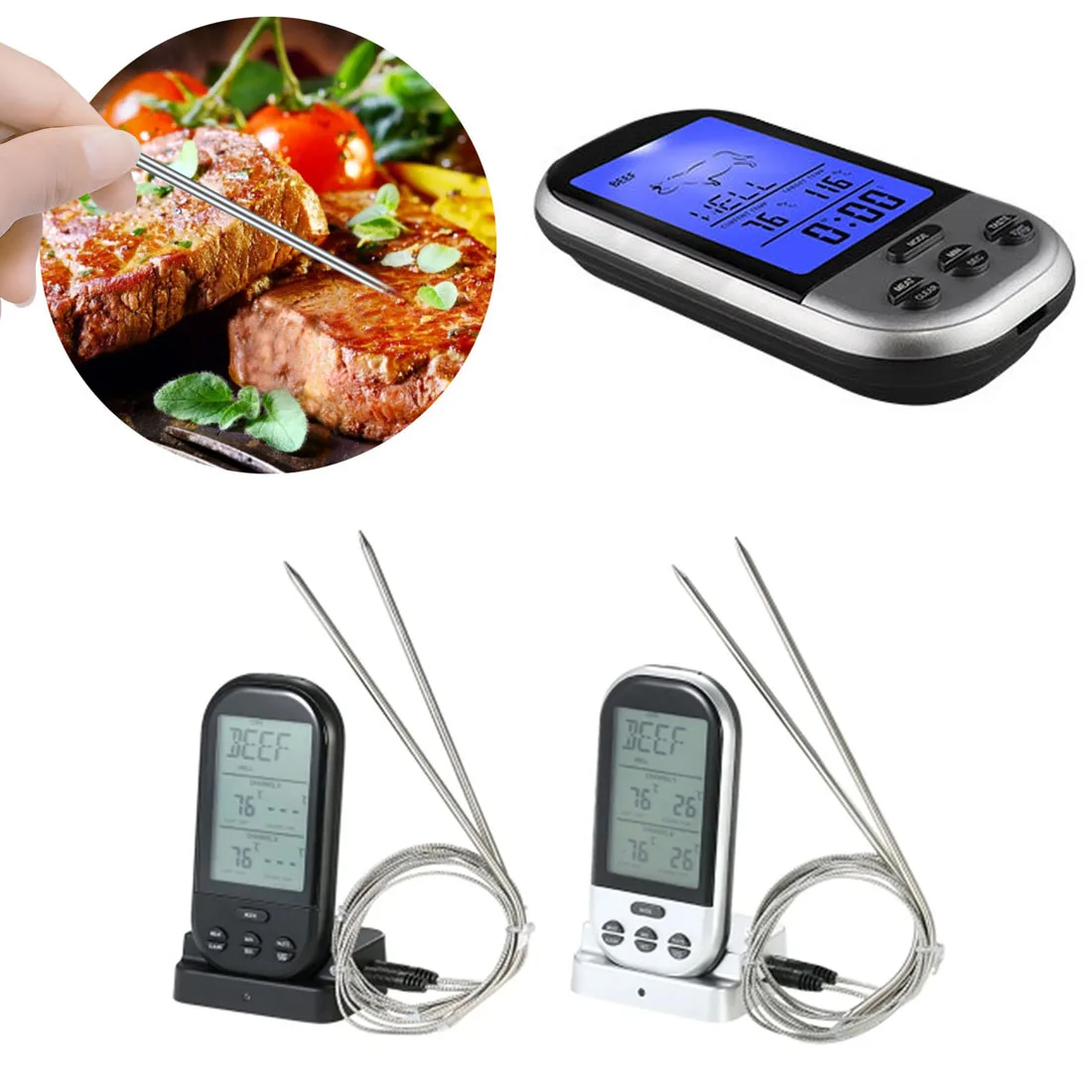 

BBQ Thermometer Wireless Kitchen Oven Food Cooking Grill Smoker Meat Thermometer with Probe and Timer Temperature Alarm