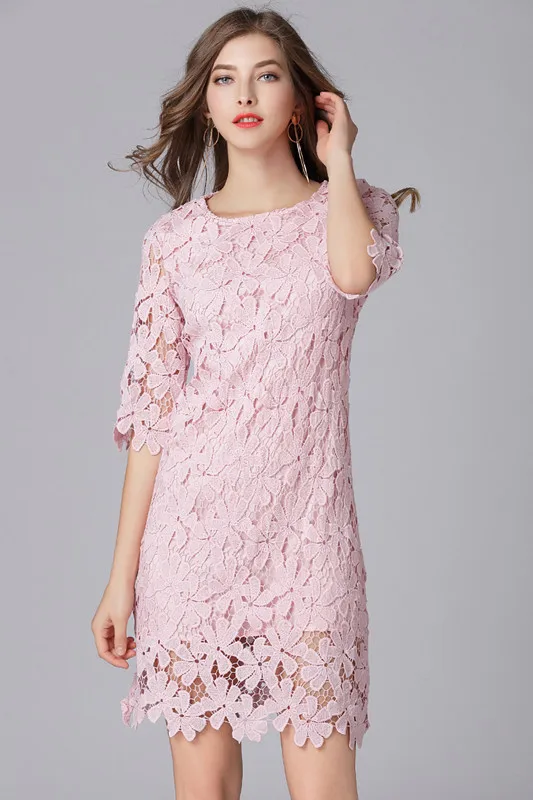 Элегантное женское цветочное кружевное платье размера плюс с коротким рукавом женское весеннее летнее кружевное платье розового цвета - Цвет: Розовый