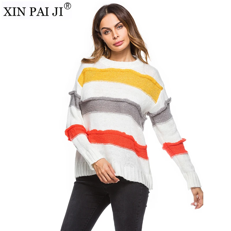 

2018 Spring Autumn Fashion Striped Long-Sleeve Tide Sweater and Pullovers Loose Casual Solid O-Neck Women Sweaters
